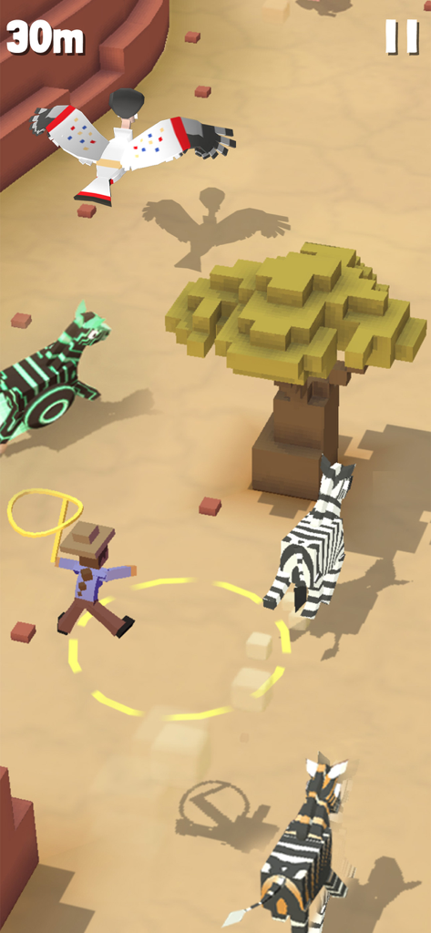 A voxel cowboy character using a lasso to catch wild zebras.