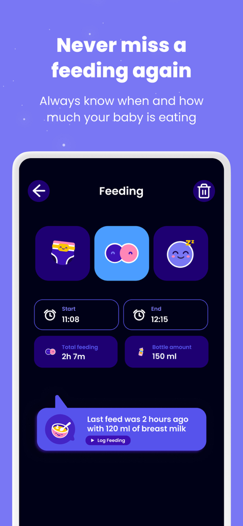 Happy Baby - Sleep & Tracker - Happy Baby app screenshot showing the baby feeding log with start and end times, duration, and bottle amount.