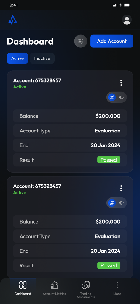 Alpha Capital Group app dashboard showing active trading evaluation accounts with a 200,000 dollar balance and passed status.
