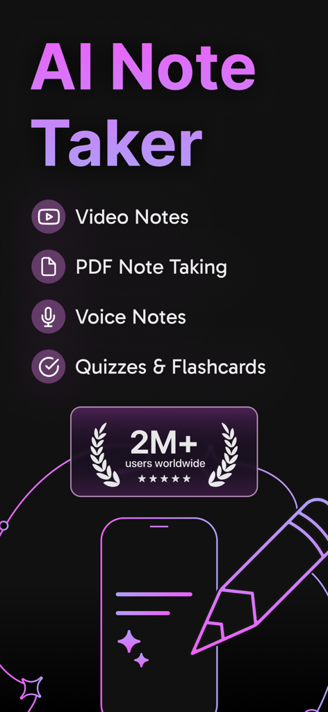 AI Note Taker app showcasing video notes PDF note taking and voice notes features
