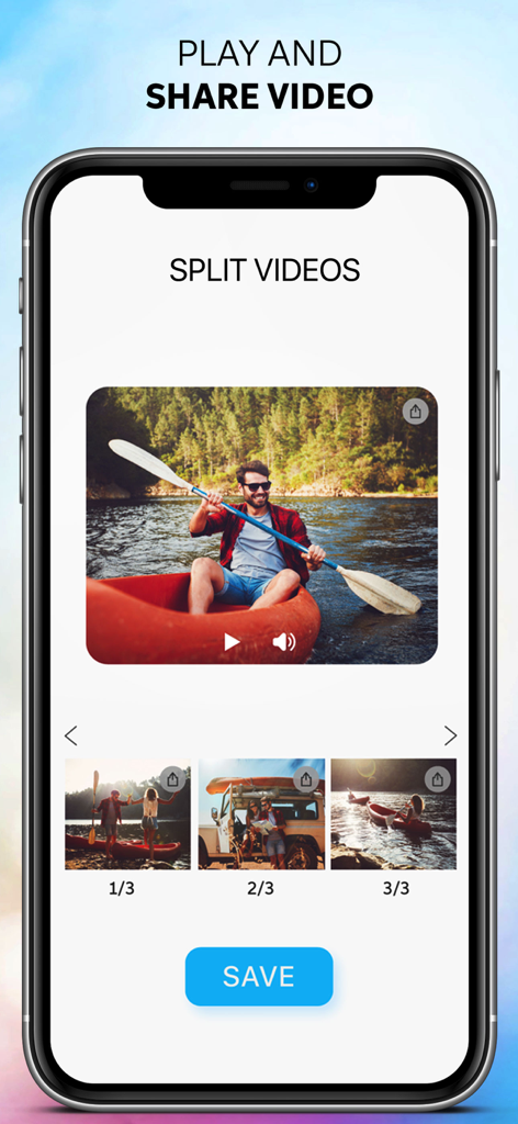 Video Splitter Cut Story Maker - Mobile app interface showing a video split into three sequential parts with a blue save button