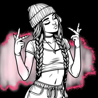 realistic teenage girl with braids and a beanie and crop top doing 🫶🏼
