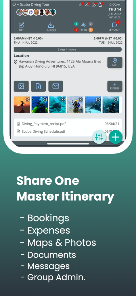 Lyfshort mobile app interface showing a shared master itinerary with bookings expenses maps and group photos