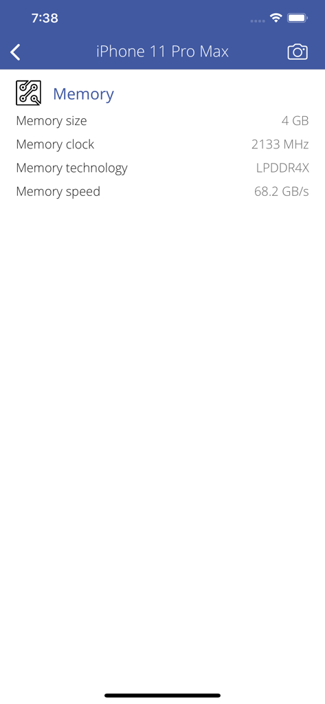 Printer Discover - Technical memory specifications for iPhone 11 Pro Max showing size clock and technology details