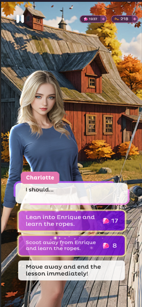 Lush: Interactive Stories - Una captura de pantalla de Lush Interactive Stories mostrando al personaje Charlotte con múltiples opciones de elección para un encuentro romántico en un barco.