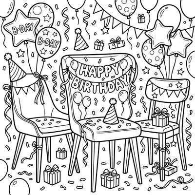 Get ready to celebrate with this cheerful coloring page featuring dining chairs adorned for a lively birthday party. Full of balloons, gifts, and confetti, it's a delightful scene waiting for your creative touch.