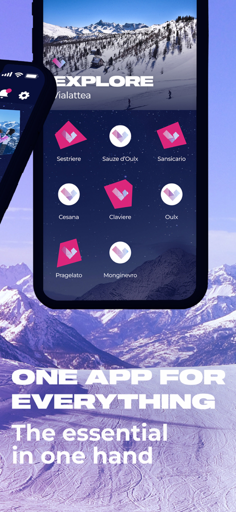 Vialattea Ski - Vialattea Ski app explore screen showing icons for different ski resorts like Sestriere and Sauze dOulx