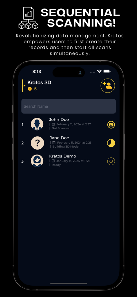 Kratos Surgery - Kratos Surgery app screen showing sequential scanning and patient records for 3D face modeling
