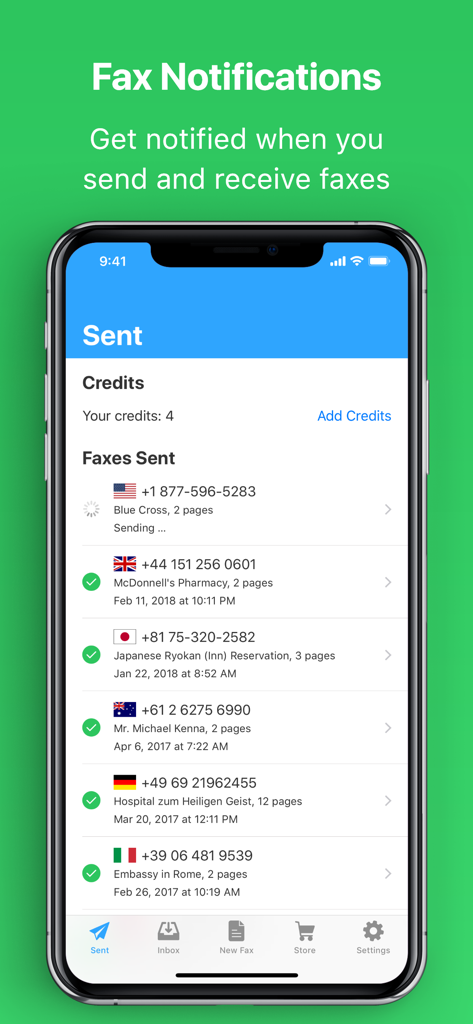 JotNot Fax - Send Receive Fax - List of sent faxes with status notifications in JotNot Fax app