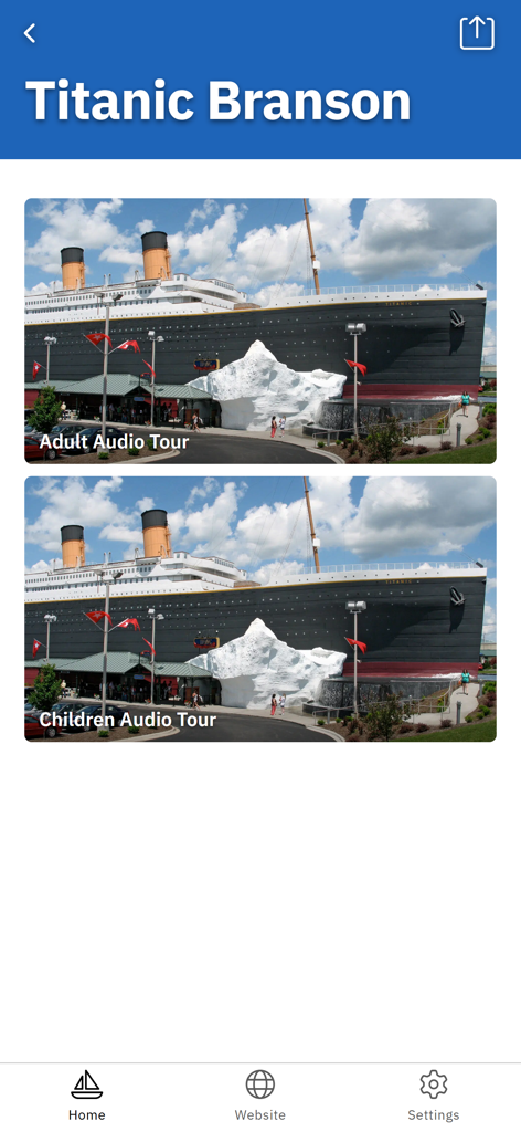 タイタニックブランソンアプリのホーム画面。大人向けと子供向けのオーディオツアーのオプションを表示しています。