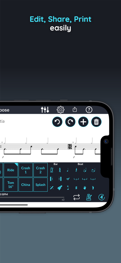 Drumstik app interface on a smartphone showing drum notation editing tools and sheet music