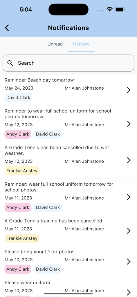 A smartphone screen showing the history of school notifications for multiple children in the ParentOrbit app.