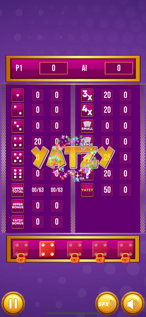 Yatzy Pro - A gameplay screenshot of Yatzy Pro showing a digital scoreboard for a match between a player and AI with a central Yatzy celebration message