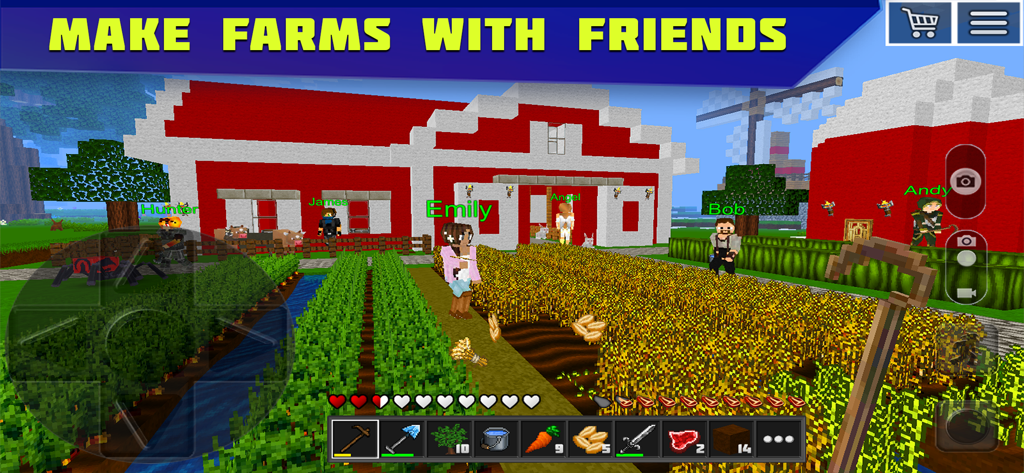 Planet of Cubes Craft and Mine - Jugadores cultivando juntos en un mundo de bloques con un granero rojo en Planet of Cubes