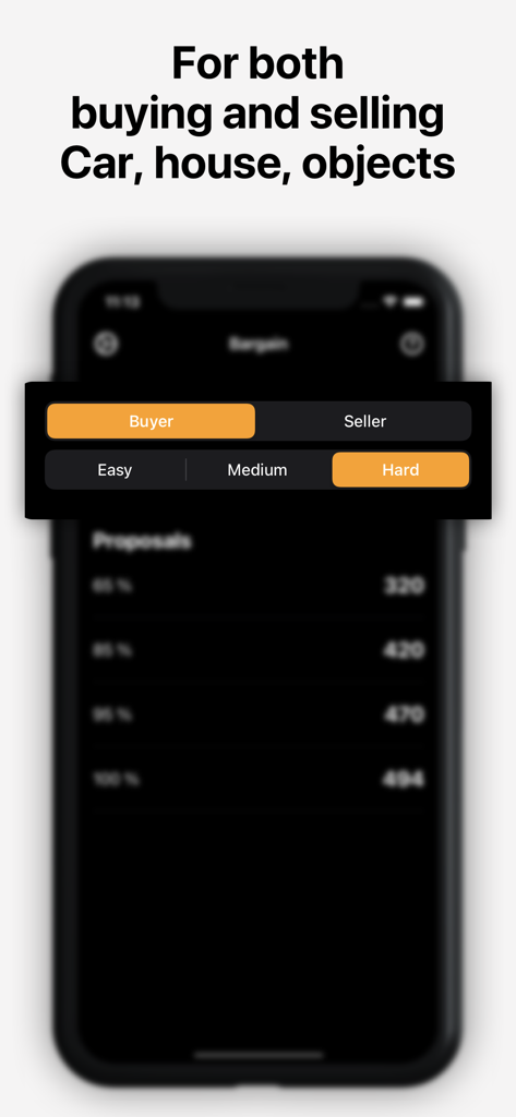 calculator buy sell - Bargain - Negotiation app interface showing options for buying and selling cars or houses with different difficulty levels