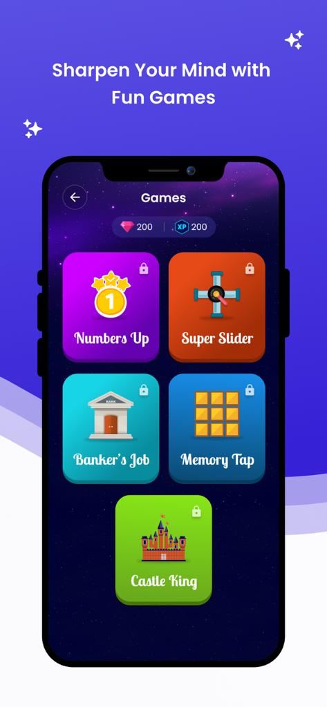 LogIQids app interface showing a variety of educational brain games for kids