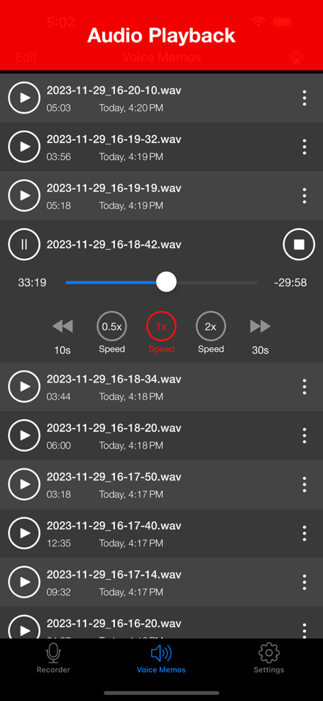 Interface showing a list of audio recordings and playback controls with speed adjustment options.
