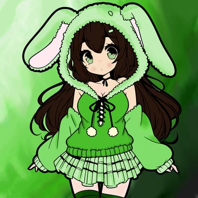 pretty anime girl wearing a fluffy hoodie with bunny ears on the hood and a skirt