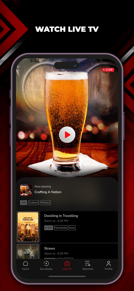 Interface de l'application DocuBay montrant la chaîne TV en direct et le calendrier de diffusion des documentaires