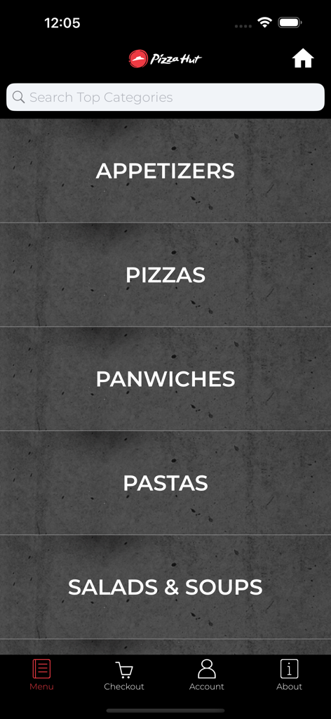 Interfaz del menú principal de la aplicación Pizza Hut Curacao que muestra categorías de comida como Pizzas, Aperitivos y Pastas.