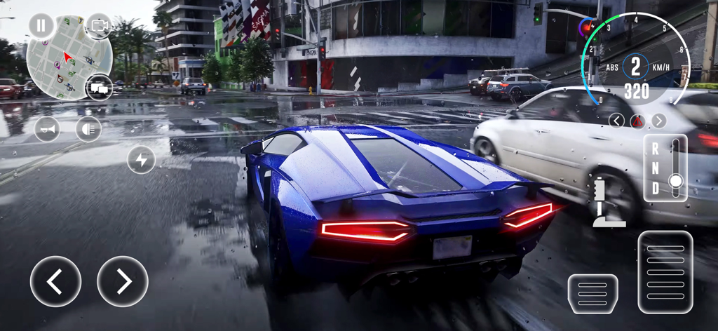 Car Driving City 3D Simulator - Un auto deportivo azul conduciendo por una calle de ciudad lluviosa con gráficos 3D realistas y controles de juego móvil