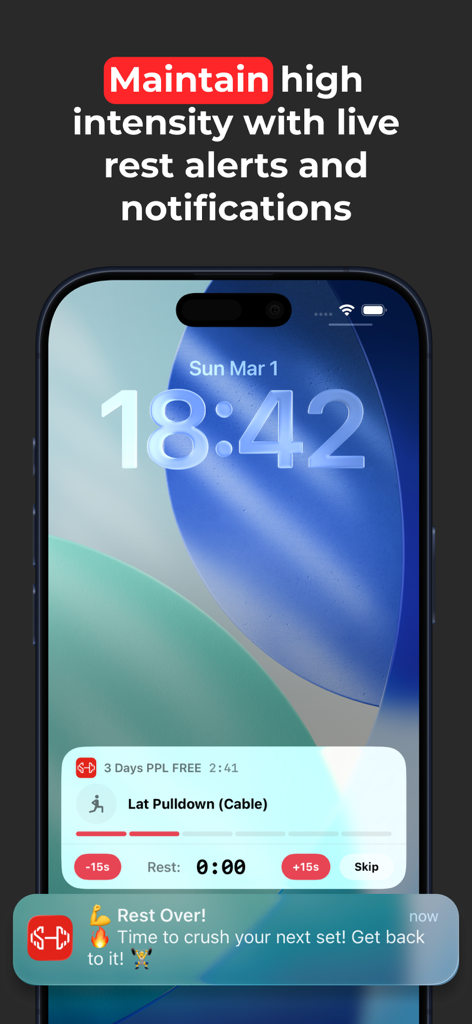 Self Coach Gym Workout Planner - iPhone lock screen showing a workout rest timer live activity and rest over notification for a gym session.