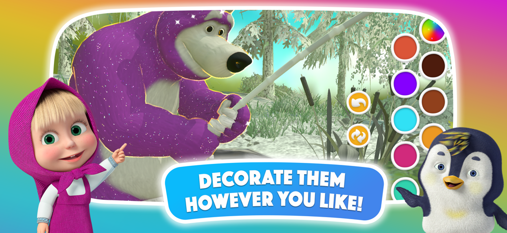 Masha y un pingüino junto a un oso morado brillante con opciones de coloreado.