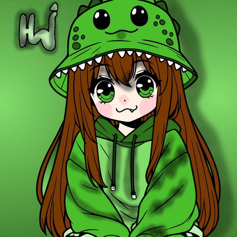 girl with anime shaped eyes with a dinosaur bucket hat oversized sweatshirt long straight hair