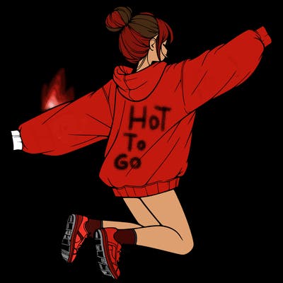 realistic girl jumping with a bun and oversized sweatshirt