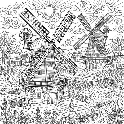 Step back in time with this beautiful historical windmills coloring page, depicting a charming rural landscape. Discover the intricate details of these iconic structures amidst fields, rivers, and quaint village life.