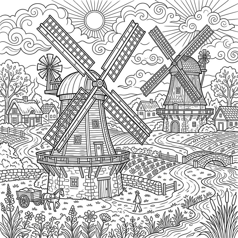 Step back in time with this beautiful historical windmills coloring page, depicting a charming rural landscape. Discover the intricate details of these iconic structures amidst fields, rivers, and quaint village life.
