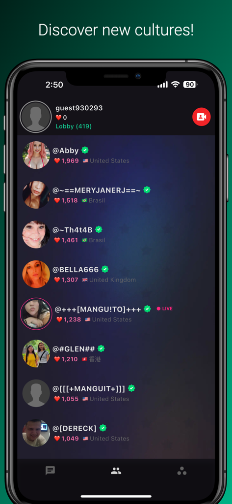 Lobby dell'app ChatVideo Live che mostra un elenco di utenti globali da diversi paesi.