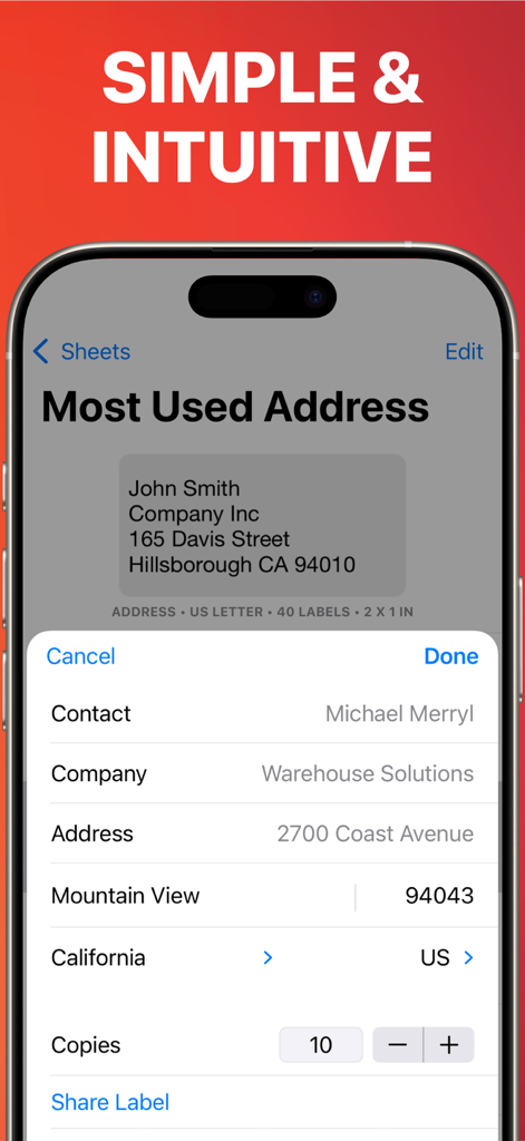 Label Maker - Print Master Pro - iPhone-Bildschirm mit einer intuitiven Oberfläche zur Bearbeitung professioneller Adressetiketten für den Geschäftsversand