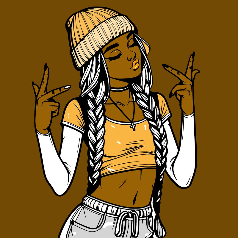 realistic teenage girl with braids and a beanie and crop top doing 🫶🏼