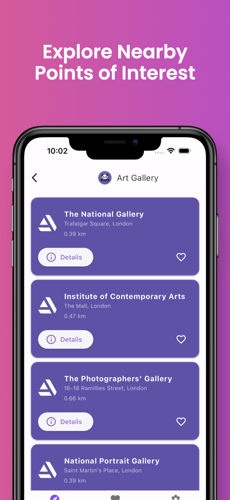 Urban Panda - Urban Panda app interface showing a list of nearby art galleries with details and favorites options