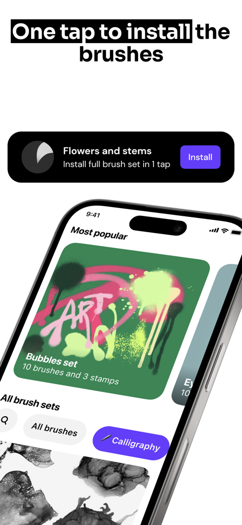 Tools for Procreate - Interfaz de la aplicación Herramientas para Procreate que muestra sets de pinceles populares con función de instalación de un toque