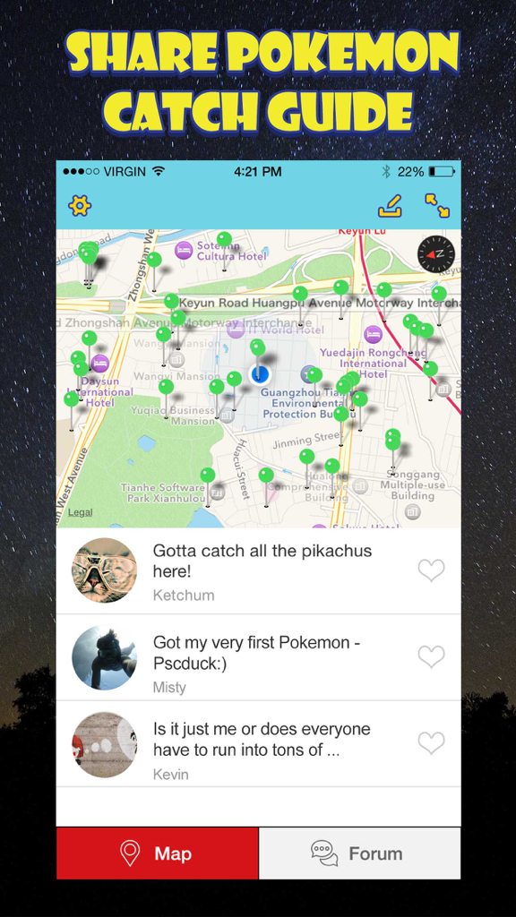 Poke Map Finder for Pokemon Go - Nest Finder - A map interface with green pins marking Pokemon locations and a user comment section for sharing catch tips.
