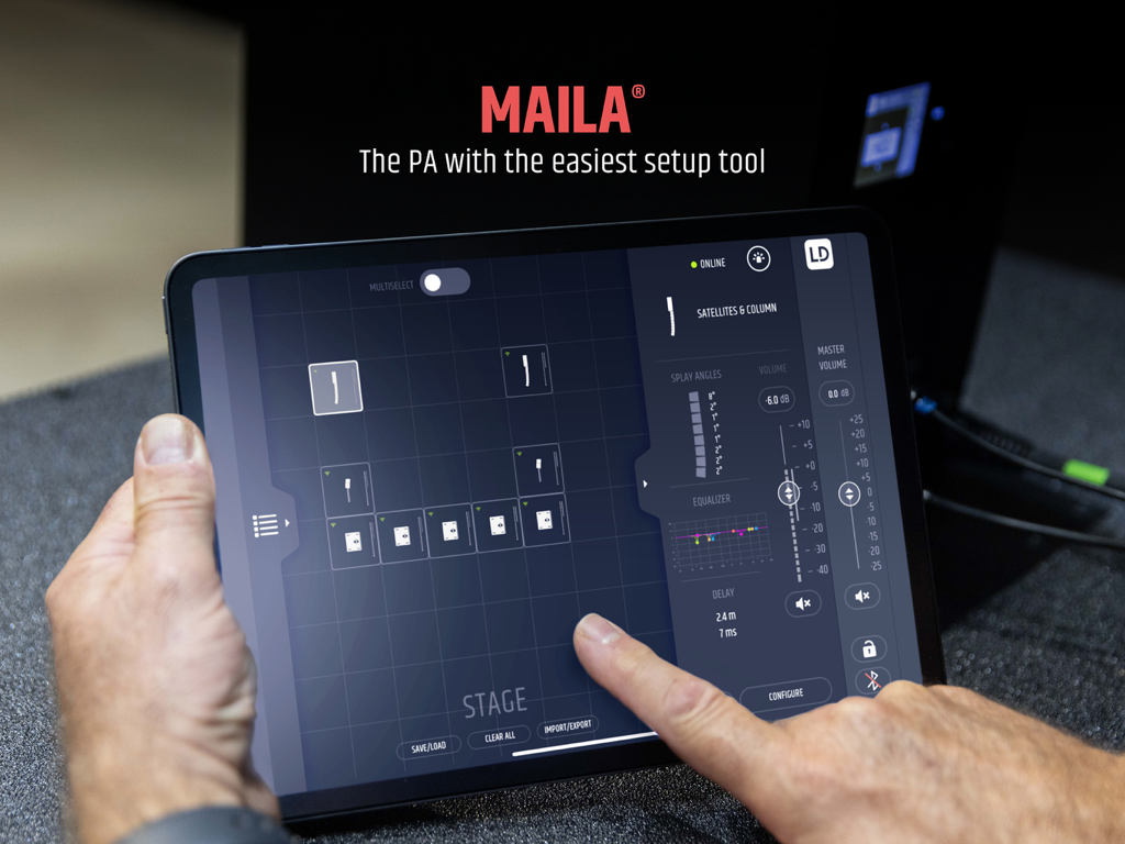 MAILA - Persona usando la aplicación MAILA en un iPad para configurar un sistema de sonido line array profesional en un escenario virtual
