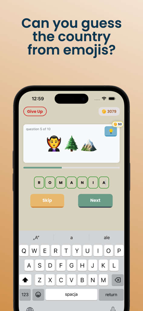 Flagsy - World Geography Quiz - Capture d'écran d'un jeu mobile où l'utilisateur devine le pays Roumanie à partir d'emojis de vampires et de montagnes.