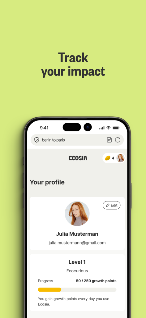 Ein Smartphone-Bildschirm, der das Ecosia App-Benutzerprofil mit einer Fortschrittsleiste zur Verfolgung der persönlichen Umweltauswirkungen und Wachstumspunkte anzeigt.