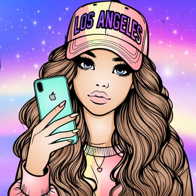 realistic beautiful girl wearing los ángeles cap holding an iphone