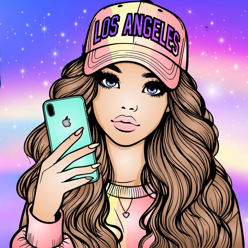 realistic beautiful girl wearing los ángeles cap holding an iphone