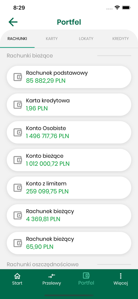 PSBank.pl - PSBankモバイルアプリのダッシュボード。ポーランドズロチでのさまざまな口座と残高が表示されます。