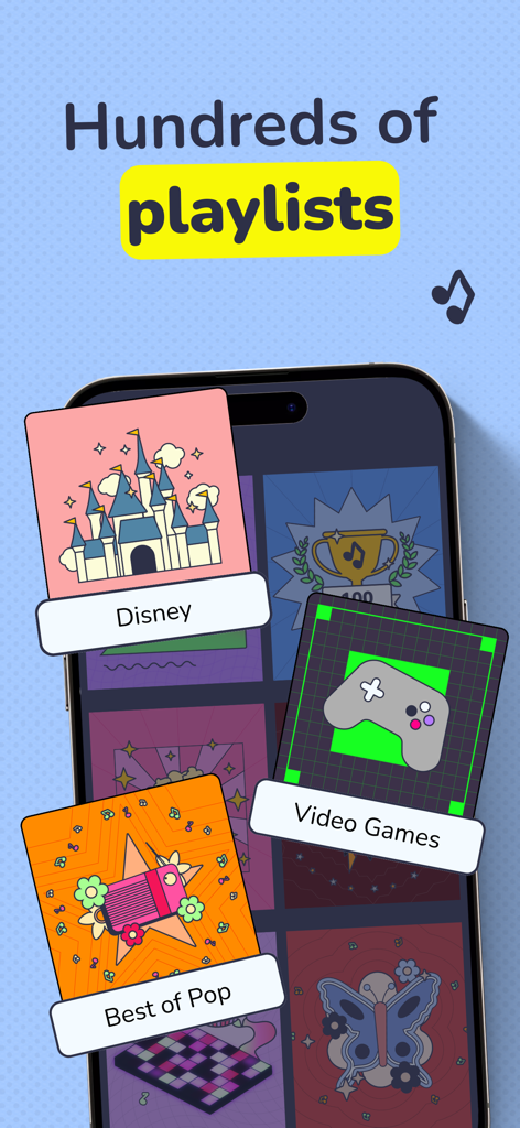 Mukiz - Guess the song - Écran mobile montrant diverses catégories de quiz musical, y compris les jeux vidéo Disney et le Meilleur de la Pop