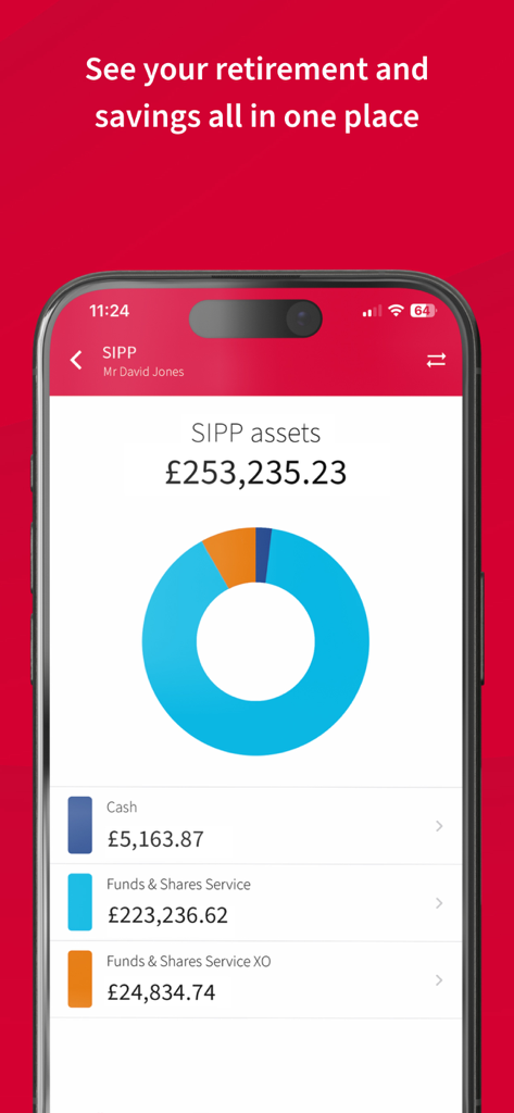 AJ Bell Investcentre app displaying a SIPP portfolio summary and asset allocation chart