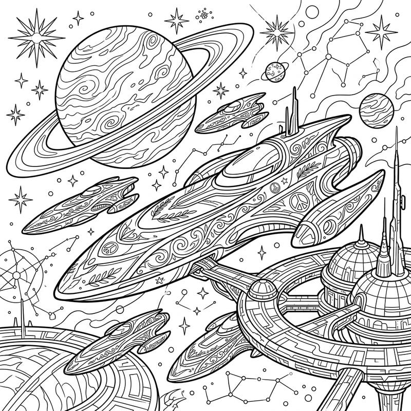 Explore the wonders of space with this intricate coloring page featuring elegant diplomatic courier spaceships navigating a celestial landscape. Perfect for sci-fi enthusiasts, this design invites you to add vibrant color to futuristic vessels and cosmic marvels.