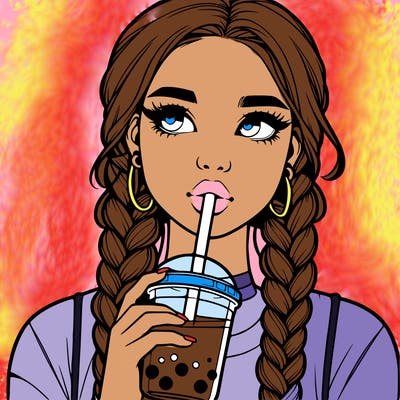 realistic girl with braided hair drinking boba