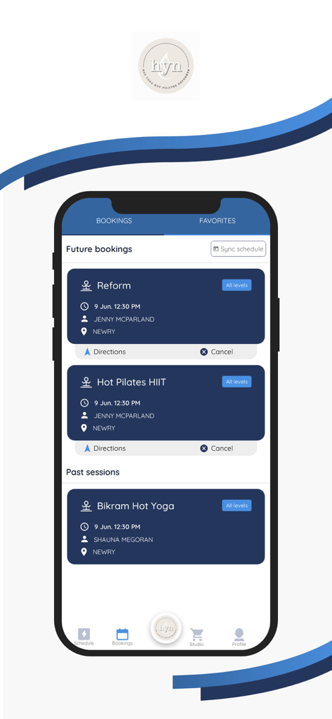 Hot Yoga Newry - Interface of the Hot Yoga Newry app displaying future and past class bookings for Reform Hot Pilates HIIT and Bikram Hot Yoga