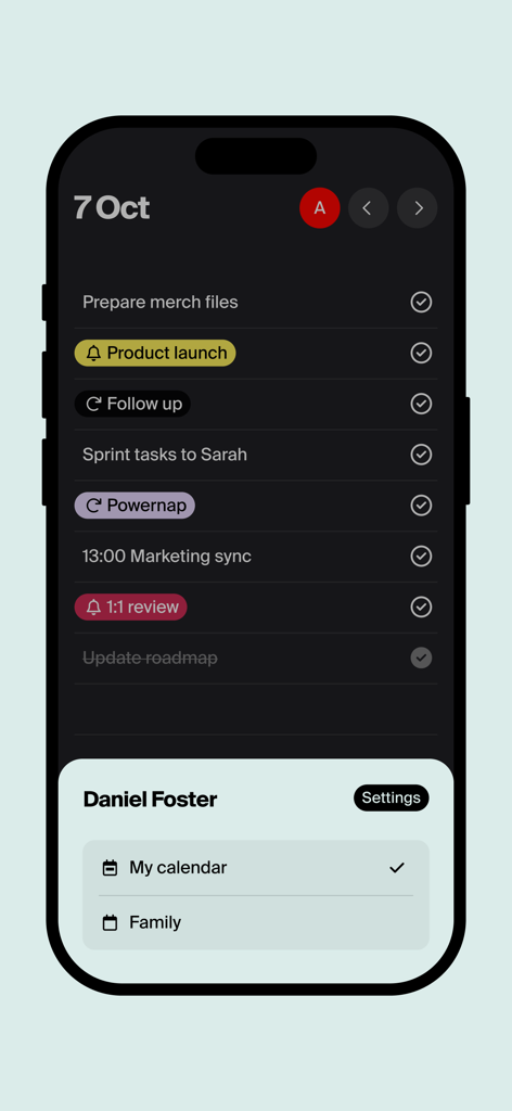 Tweek: Minimal To Do List - Tweek app interface in dark mode showing a minimalist task list with color coded labels