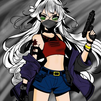 bad girl wearing crop top holding a gun long hair anime